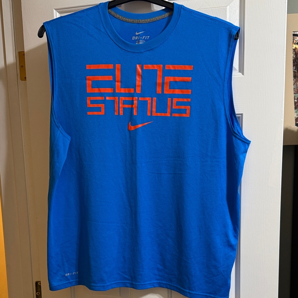 Nike Dri-FIT Blue Tank with Orange "Elite Status" Graphic